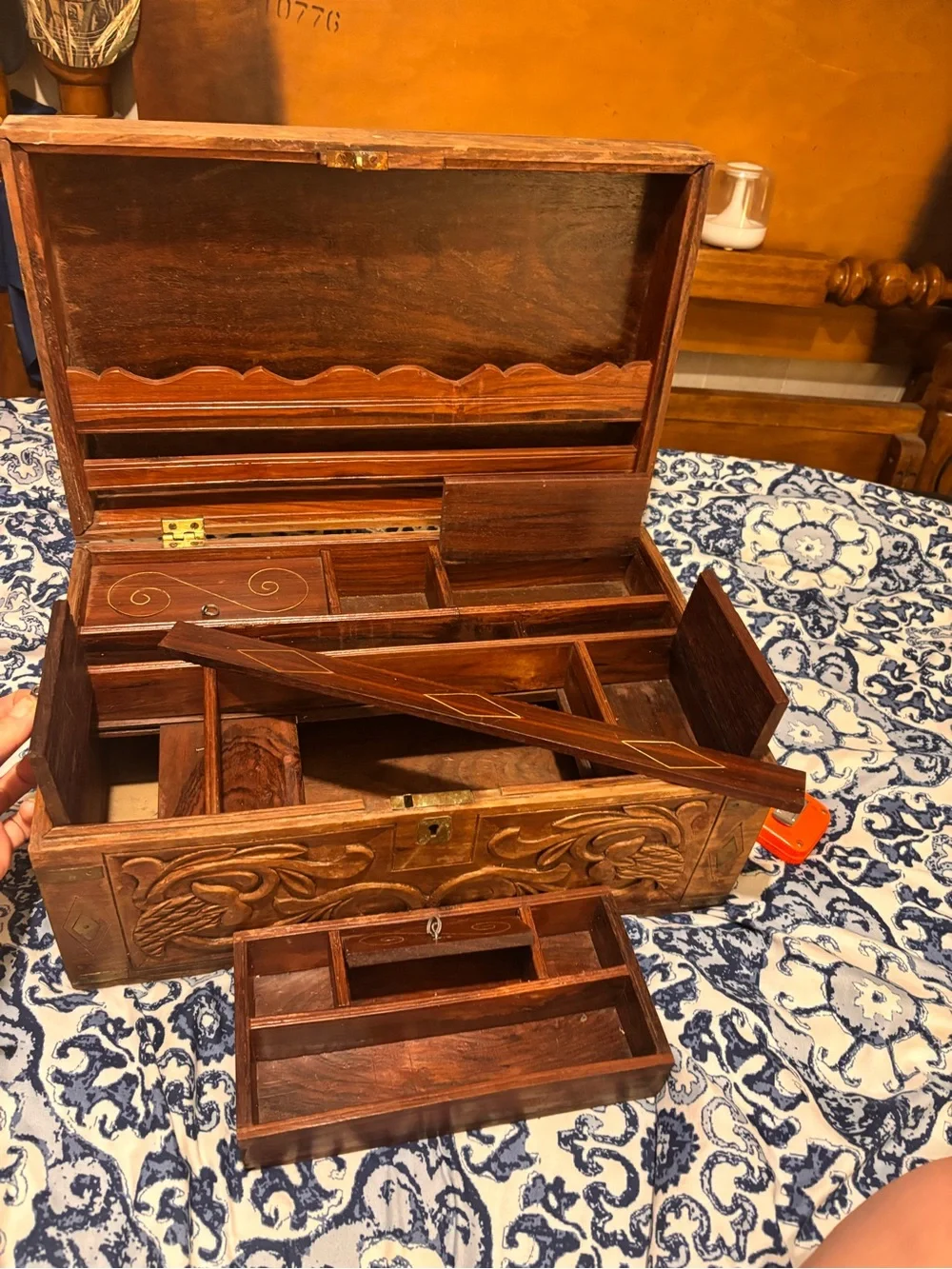 Hand-Carved Wooden Jewelry Organizer Box - Brown/ antique Anglo Indian style